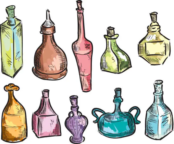 Vector illustration of Set of unique decorative glass bottles