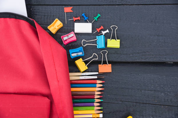 istock Top view Red bag backpack for education children 1490846936