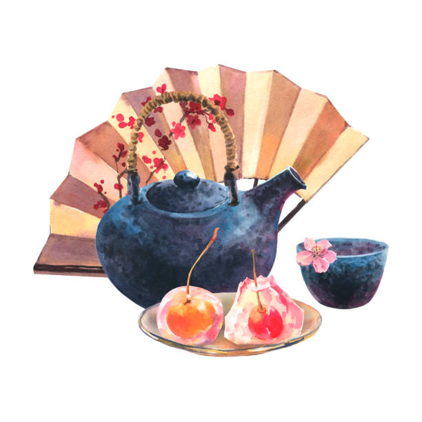 ilustraciones, imágenes clip art, dibujos animados e iconos de stock de juego de té asiático de acuarela con tetera azul dack, taza de té azul, cereza gelatinosa en plato de vidrio y abanico de japón, aislado sobre fondo blanco - green tea cherry blossom china cup