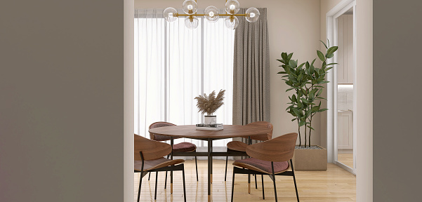 Luxury beige wall dining room, retro style round wooden table, chair, black steel leg, tropical tree on parquet floor in sunlight from window, door to kitchen for interior design decoration, architecture, household product background 3D