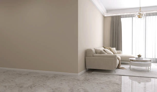 Blank beige brown corner wall, living room with corner sofa, round coffee table on rug, modern chandelier light in sunlight from floor to ceiling curtain on marble floor