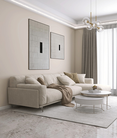 Modern luxury beige wall living room, cream suede leather corner sofa, white round coffee table, wall art in sunlight from sheer curtain window on rug, marble wall for interior design decoration, lifestyle, beauty, fashion product display background 3D