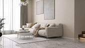Luxury beige wall living room, cream corner sofa, cushion, pillow, modern round coffee table on gray shag rug, in sunlight from marble floor to ceiling sheer curtain
