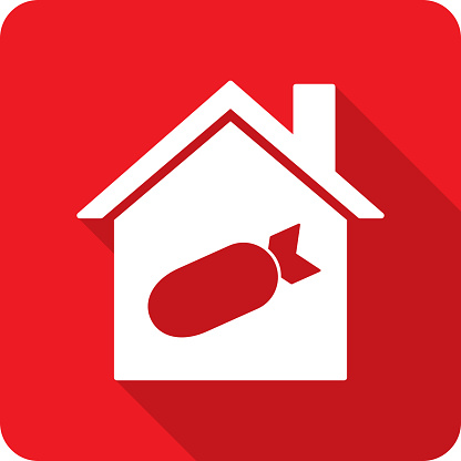 Vector illustration of a house with missile icon against a red background in flat style.