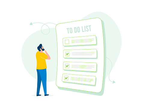 Illustration features to-do list app with task management, reminders and checklists. Character is standing next to the list, symbolizing the completion of a task or finding a solution to a problem.