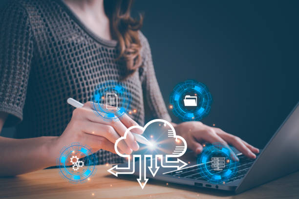 istock Businesswoman touching on cloud computing diagram. Concept of online data management system, Data storage, information system for business. Cloud technology. networking and internet service. 1490859963