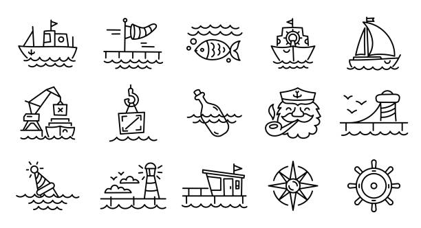 ilustrações de stock, clip art, desenhos animados e ícones de port sea shore. marine theme icon set. editable outline. vector line. - buoy horizontal lake sailing