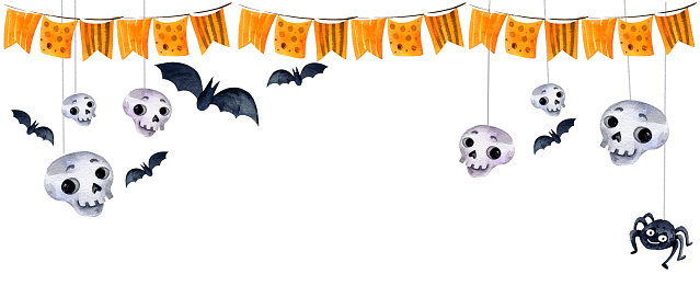 watercolor background of halloween theme with bats, funny scull, orange flags, hand drawn sketch, halloween illustration on white background.