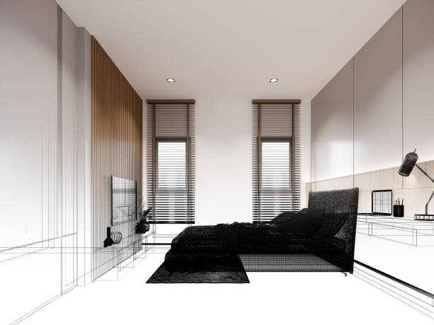 istock sketch design of interior bedroom, 3d rendering wire frame 1490863295