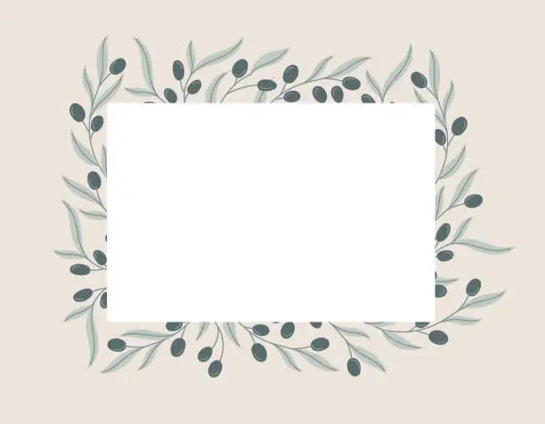 Vector illustration of Rectangular vector isolated sticker or label with decorative frame of olive branches with black berries and leaves in flat style.