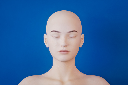 The face of the mannequin without details. Plastic head to show clothes. Mannequin with nose. The absence of eyes and ears on the head of the sculpture.