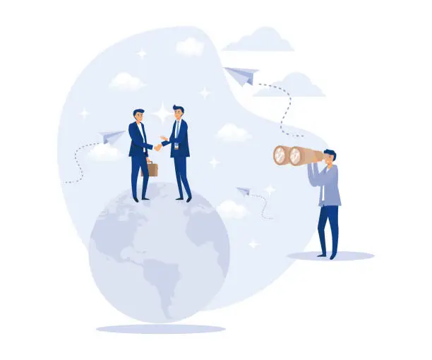 Vector illustration of International Business Concept, Men Shaking Hands Standing on Globe, Looking at People with Telescope and Binoculars. flat vector modern illustration