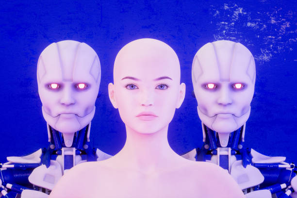 istock Woman with cyborgs, human and robots together, artificial intelligence concept 1490869211