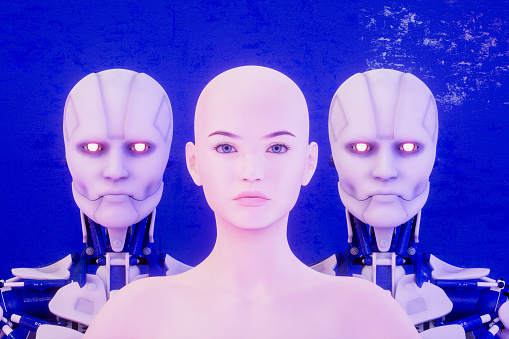 Woman with cyborgs, human and robots together, artificial intelligence concept,  3d render.