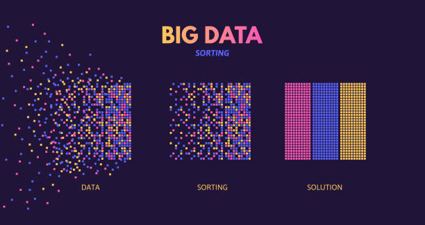 Big data sorting. Machine learning algorithm visualization, digital database analysis and chaotic data pattern recognition science vector concept illustration Big data sorting. Machine learning algorithm visualization, digital database analysis and chaotic data pattern recognition science vector concept illustration of visual algorithm, digital analysis binary-code stock illustrations