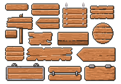 Pixel art wooden signs. Old road guidepost pointer, 8 bit wood style banner and app interface frames vector template set. Illustration of wooden design graphic, pixel art 8 bit