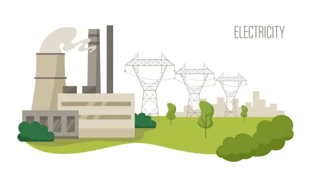 Vector illustration of Electric power transmission to city. High voltage power lines pylons supplies electricity from power plant to town buildings vector illustration