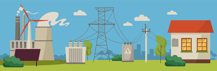 Electric power distribution chart. Electricity supply scheme from power plant to house, power supply line poles, cables and transformers vector illustration of distribution power energy and supply