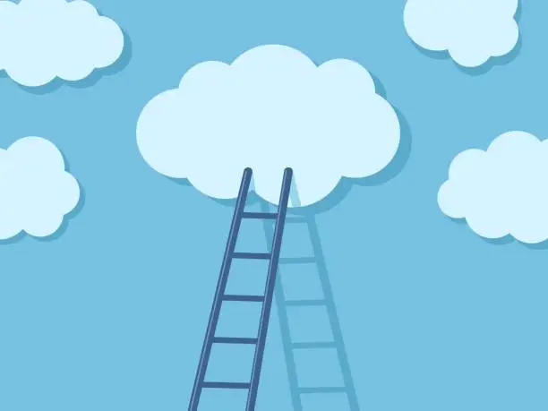 Vector illustration of Ladder to clouds. Cloud migration solution, stair steps to dream and opportunity concept. Cloudy sky cartoon minimal vector illustration