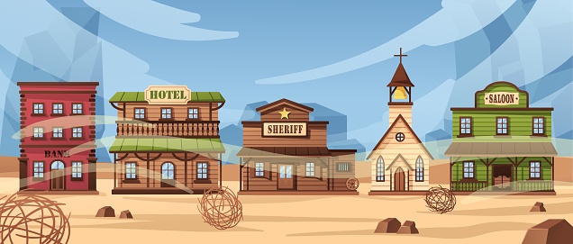 Wild west town. Western America street with old wooden church, rustic hotel, saloon and bank buildings. Cowboy city cartoon vector background illustration of building america street western