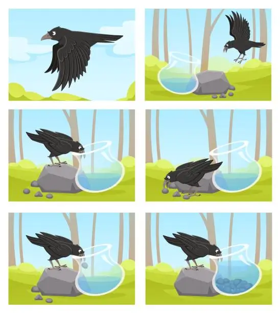 Vector illustration of Thirsty crow. Tale of smart black crow and jug of water. ?lever bird throws stones into jug to drink cartoon vector story illustration