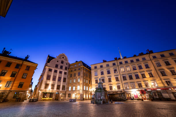 Gamla Stan Old Town in Stockholm  early morning twilight sky city lights capital of Sweden Northern Europe