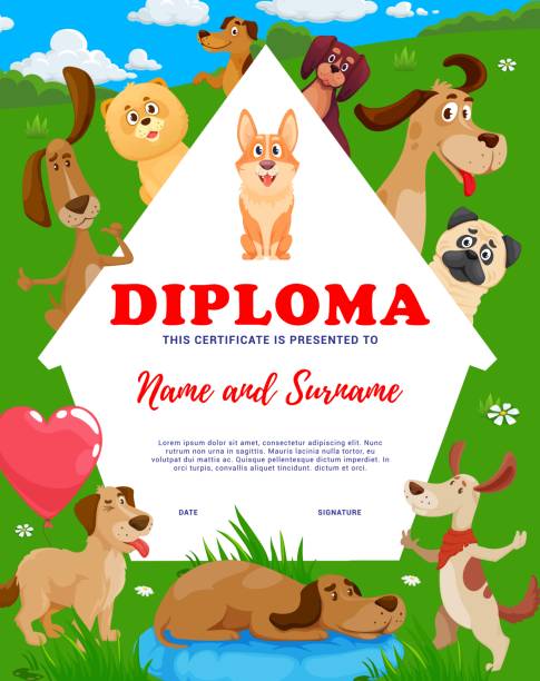 kinder diplom cartoon hunde und welpen zertifikat - dog graduation hat school stock-grafiken, -clipart, -cartoons und -symbole