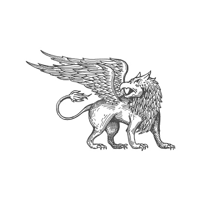 Griffin mythology creature with eagle head, lion body and eagle wings isolated sketch icon. Vector mythological animal, antique griffin ancient bird