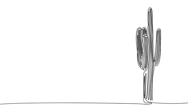 Vector illustration of Long cactus as one line drawing banner.