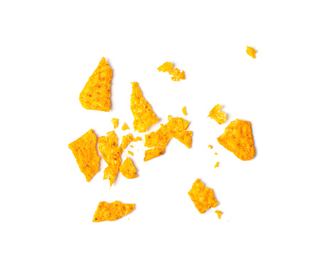 Nachos Chips Pieces Isolated, Nacho Snack Crumbs, Broken Mexican Triangle Corn Chips, Crumbled Maize Snack, Corn Crisps or Totopos, Nachos on White Background Top View