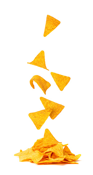 Falling Nachos Chips Isolated, Fly Nacho Snack, Mexican Triangle Corn Chips, Maize Snack, Corn Crisps or Totopos, Nachos on White Background