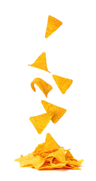 nachos chips isolated, mexican triangle corn chips for nacho tortilla, maize snack, nachos on white background - tortilla chip imagens e fotografias de stock