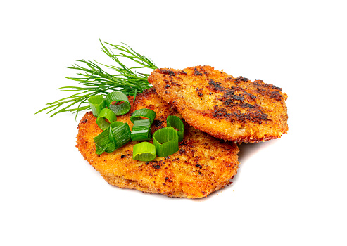 Schnitzel Isolated, Roasted Breaded Chicken Fillet, Homemade Escalope, Viennese Schnitzel on White Background
