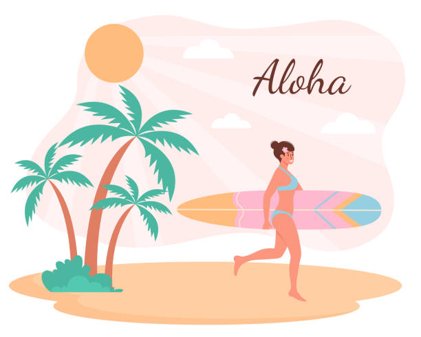 ilustrações, clipart, desenhos animados e ícones de mulher em maiô com prancha de surf andando na praia. palmeiras tropicais estão perto dela. texto de aloha. verão, esporte ativo, surf, conceito de férias. ilustração vetorial plana dos desenhos animados. - swimwear vector non urban scene text