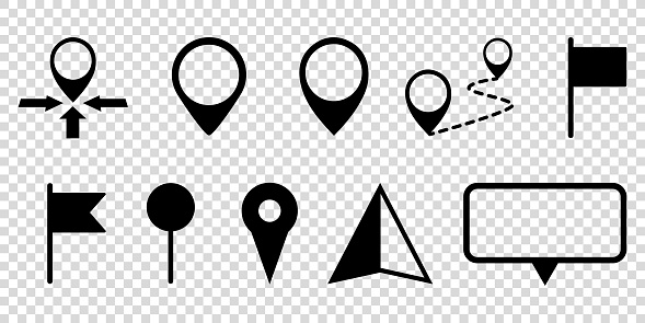 GPS Map Pointer, Flags And North Direction Icons Set - Different Vector Illustrations Isolated On Transparent Background