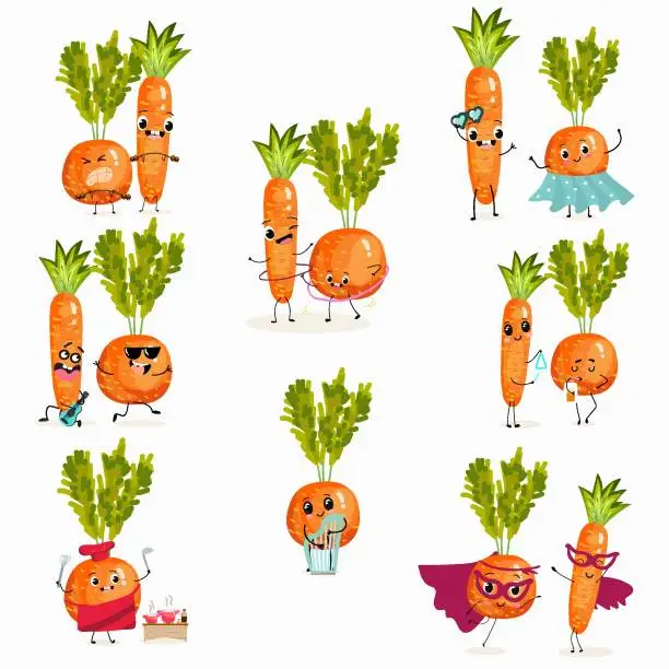 Vector illustration of Illustration vector set, collection with funny vegetables characters of paris carrot, pectin,