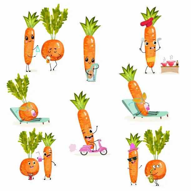 Vector illustration of Illustration vector set, collection with funny vegetables characters of paris carrot, pectin,