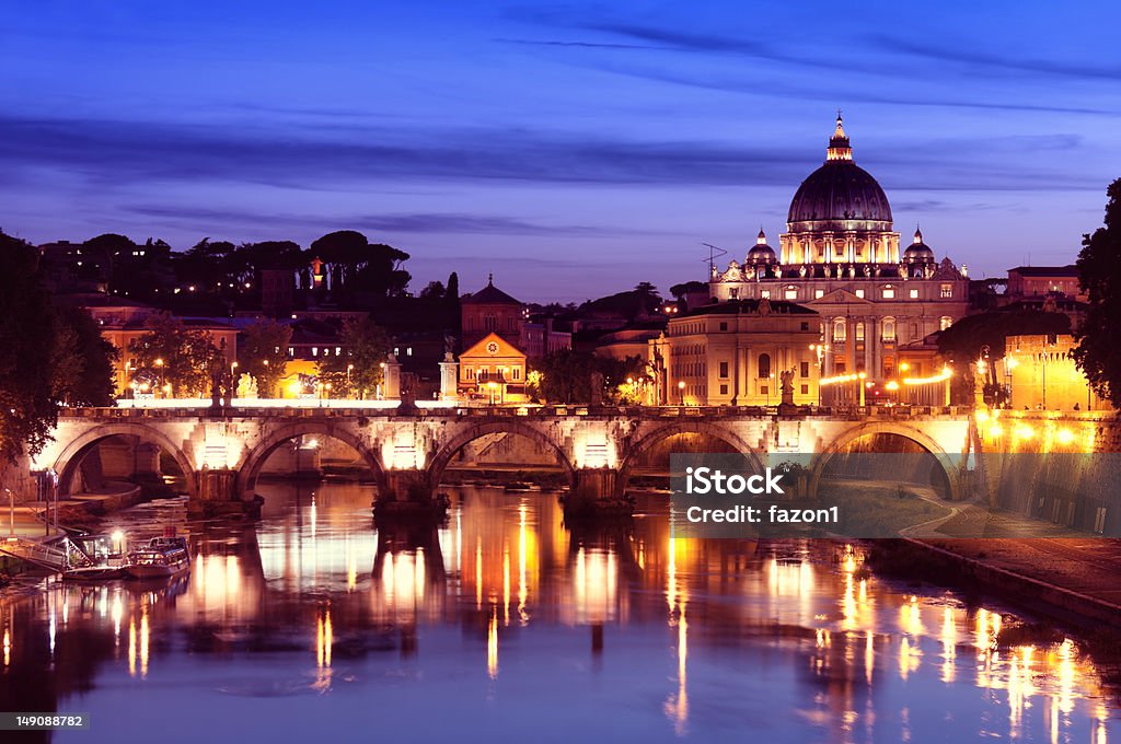 River Tiber in Rome - Italy Night image of St. Peter's Basilica, Ponte Sant Angelo and Tiber River in Rome - Italy. Rome - Italy Stock Photo