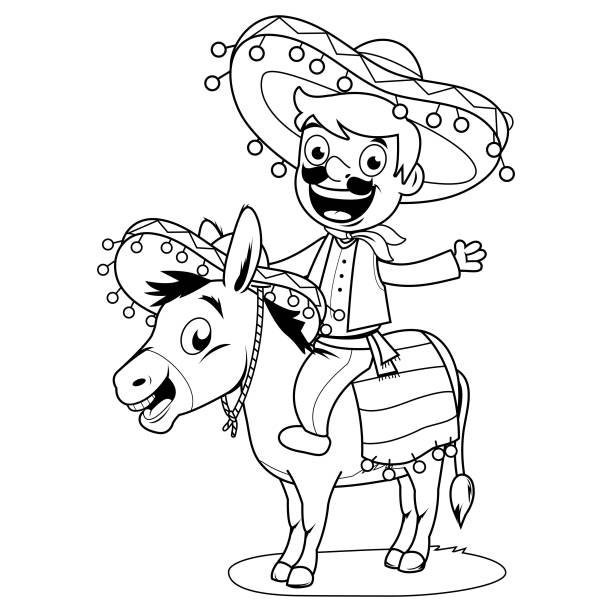 Mexican man riding a donkey. Vector black and white coloring page Cartoon Mexican man with a sombrero, riding a donkey. Vector illustration mexican mule stock illustrations