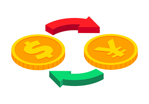 Isometric money exchange icon. Dollar to Yen cash exchange. Gold coins with circle arrows sign. 3d Cash, currency transfer, money conversion, banking concept. Vector currency exchange symbol