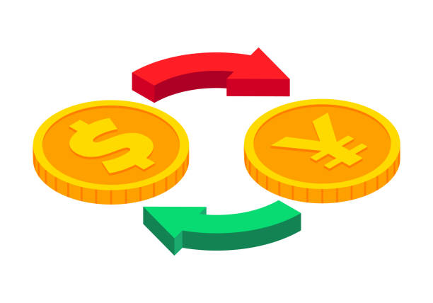 Isometric money exchange icon. Dollar to Yen cash exchange. Gold coins with circle arrows sign. 3d Cash, currency transfer, money conversion, banking concept. Vector currency exchange symbol. Isometric money exchange icon. Dollar to Yen cash exchange. Gold coins with circle arrows sign. 3d Cash, currency transfer, money conversion, banking concept. Vector currency exchange symbol chinese yuan coin stock illustrations