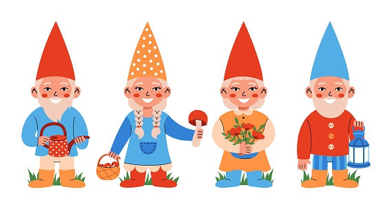Set of garden gnomes or dwarfs holding watering can, mushrooms, flowers, lantern. Fairy tale fantastic characters on white background.