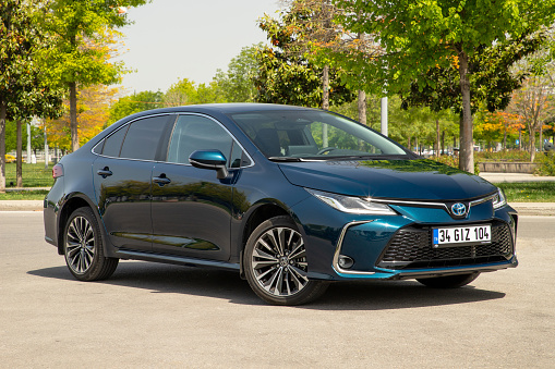 Istanbul, Turkey - May 16 2023 : Toyota Corolla Hybrid is a compact car. It has new front view design.