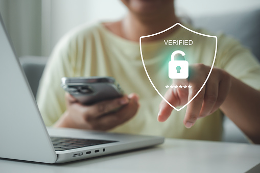 Phone and laptop password protection to verify user before connect to internet. Password verification concept of mobile phone safety use more secure passcode lock to identify user access connection.