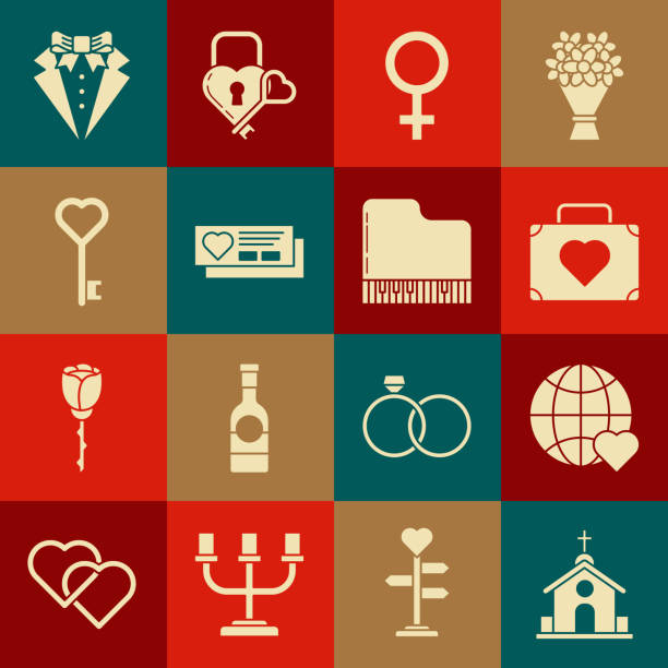 ilustrações de stock, clip art, desenhos animados e ícones de set church building, the heart world love, suitcase for travel with, female gender symbol, ticket, key shape, and grand piano icon. vector - grand atlas