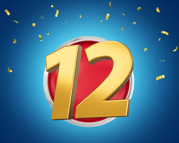 istock Gold Number 12 Gold Number Twelve Rounded Red Icon with Particles On Blue Background 3d illustration 1490892544
