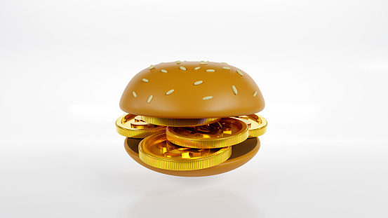3d rendering of Hamburger with dollar coins on white background, Hamburger crisis concept