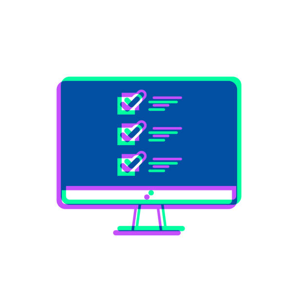 ilustrações de stock, clip art, desenhos animados e ícones de desktop computer with checklist. icon with two color overlay on white background - check mark digital composite blue computer icon