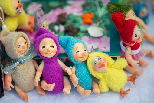 Funny multicolored handmade dwarf dolls.