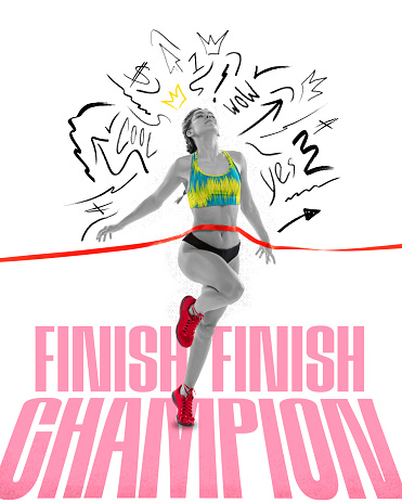 Contemporary art collage with one champion, female sprinter, runner wearing sportswear reaching the finish line on white background. Concept of activity, healthy lifestyle, energy, competition, ad